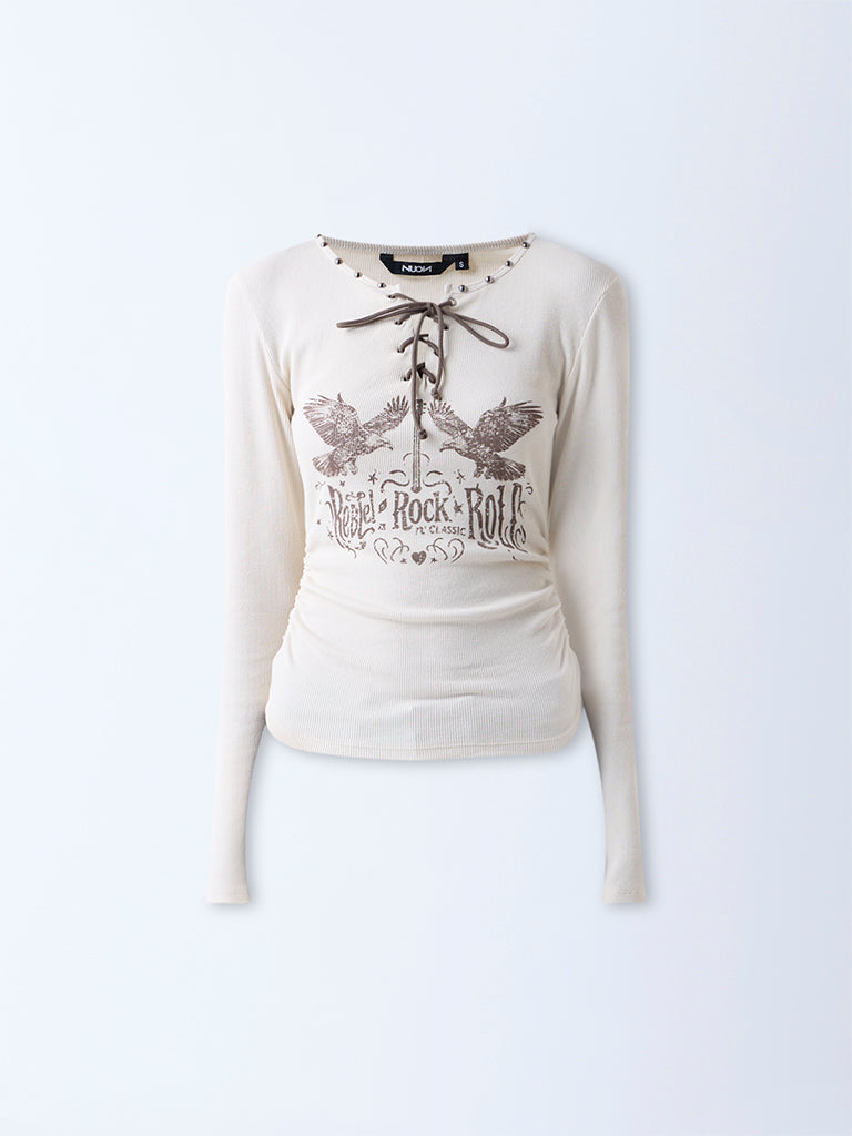Nuon Beige Printed Cotton-Blend Top - Image 5