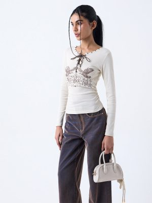 Nuon Beige Printed Cotton-Blend Top