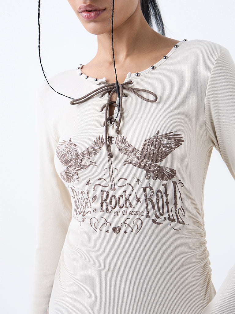 Nuon Beige Printed Cotton-Blend Top - Image 3