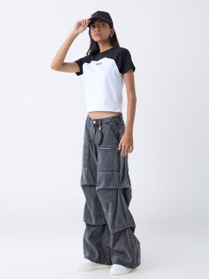 Nuon Off-White Colour Block Cotton-Blend Top