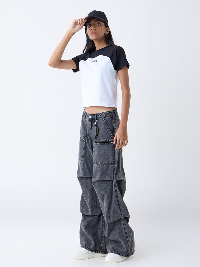 Nuon Off-White Colour Block Cotton-Blend Top