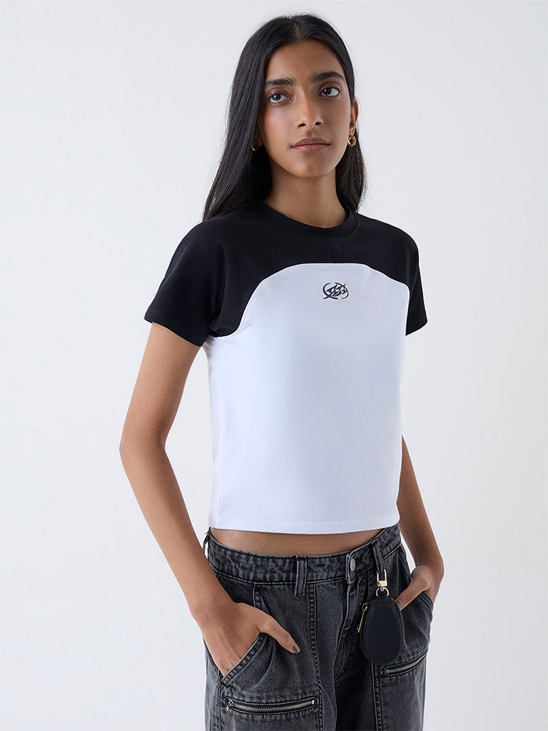 Nuon Off-White Colour Block Cotton-Blend Top - Image 2