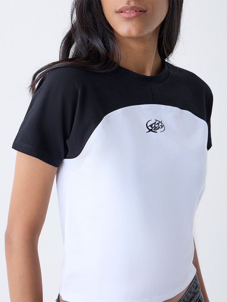 Nuon Off-White Colour Block Cotton-Blend Top - Image 3