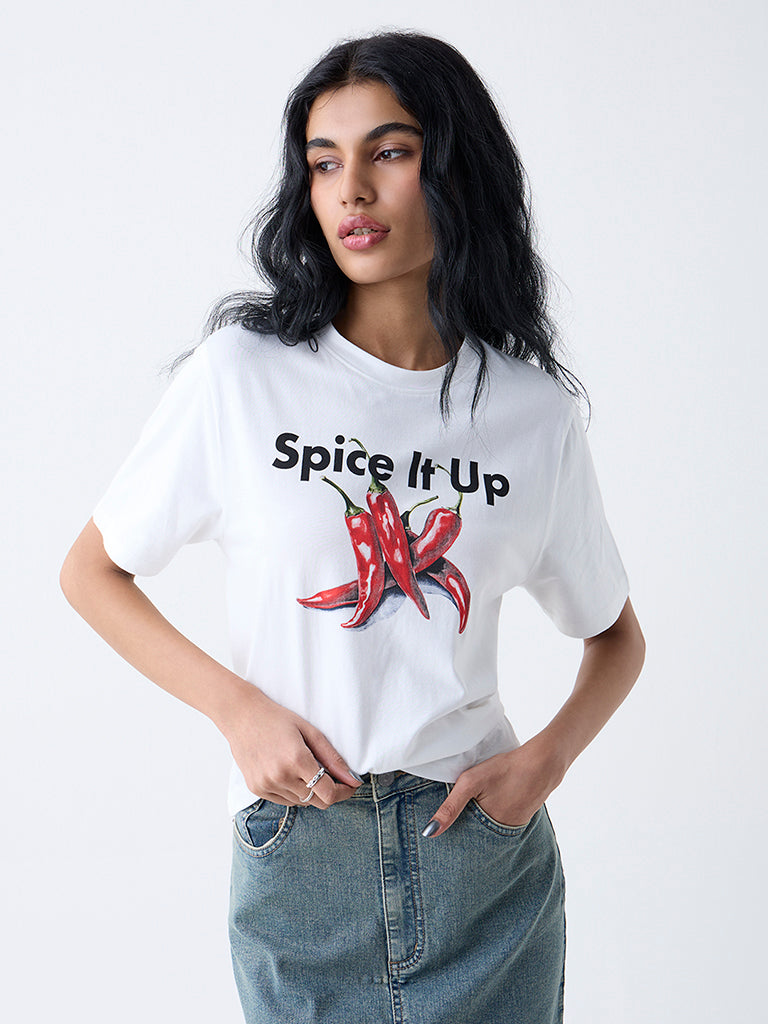 Nuon White Printed Cotton T-Shirt