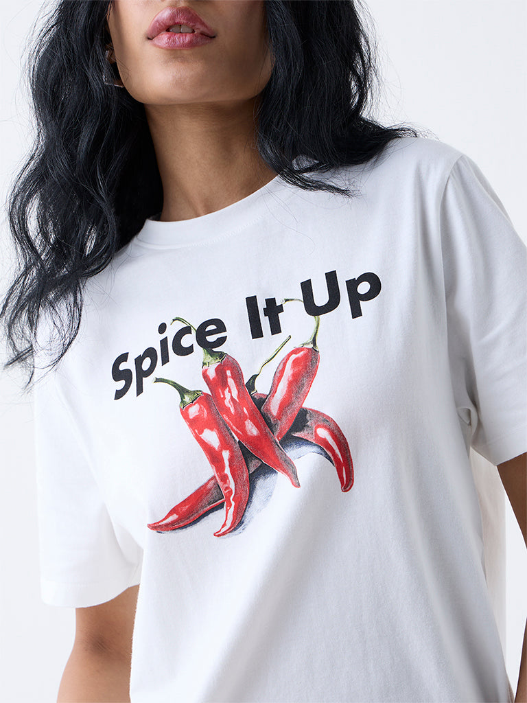 Nuon White Printed Cotton T-Shirt - Image 3