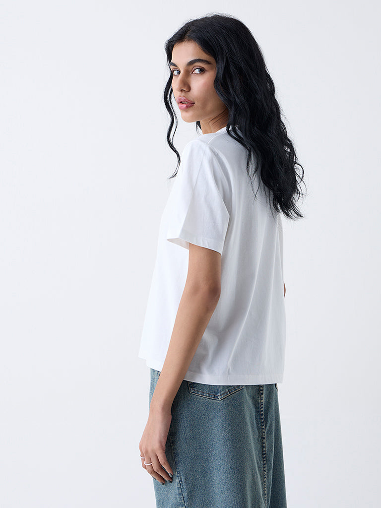 Nuon White Printed Cotton T-Shirt - Image 4
