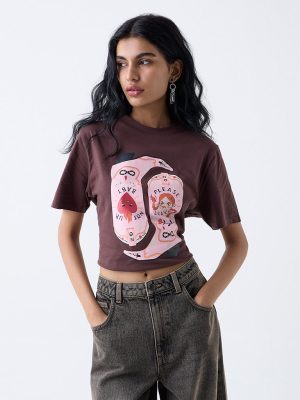 Nuon Brown Printed Cotton-Blend T-Shirt