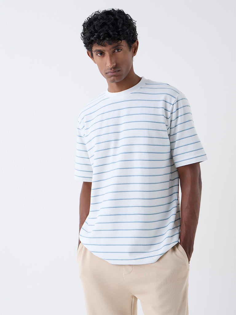 WES Lounge White Striped Relaxed-Fit Cotton-Blend T-Shirt - Image 2