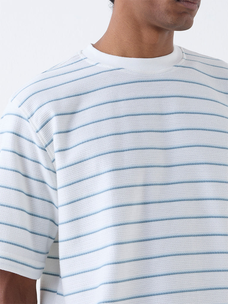 WES Lounge White Striped Relaxed-Fit Cotton-Blend T-Shirt - Image 3