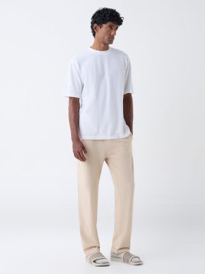 WES Lounge White Self Relaxed-Fit Cotton-Blend T-Shirt