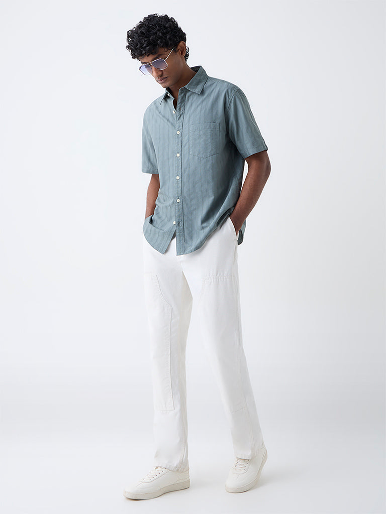WES Casuals Sage Self-Striped Relaxed-Fit Cotton Shirt