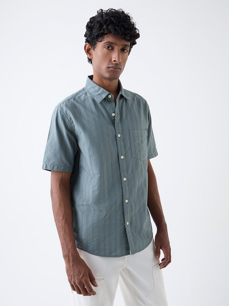 WES Casuals Sage Self-Striped Relaxed-Fit Cotton Shirt - Image 3