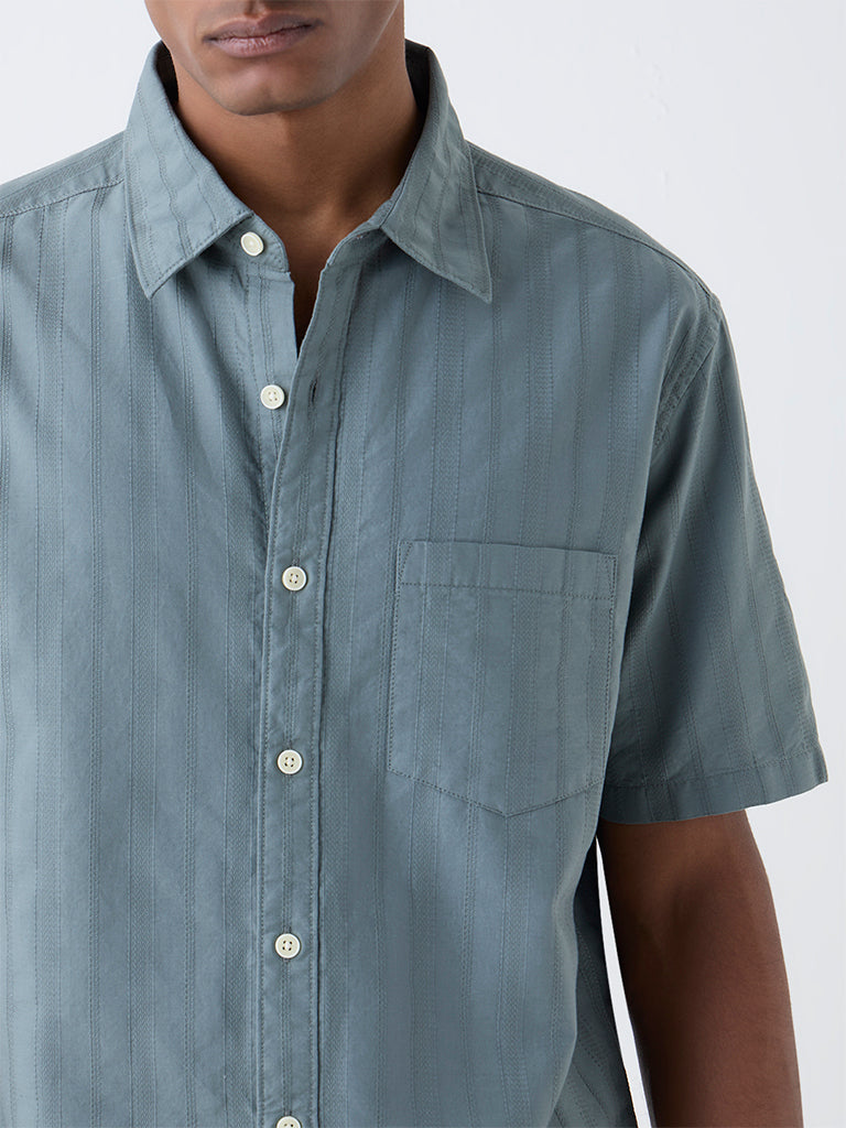 WES Casuals Sage Self-Striped Relaxed-Fit Cotton Shirt - Image 4