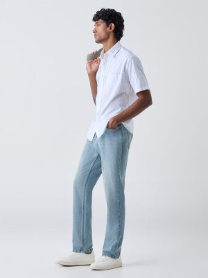 WES Casuals White Self-Striped Relaxed-Fit Cotton Shirt