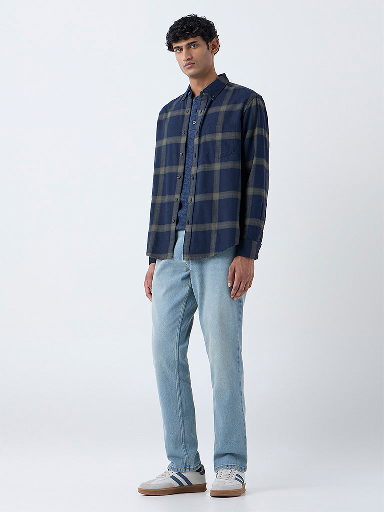 WES Casuals Navy Checkered Relaxed-Fit Cotton Shirt