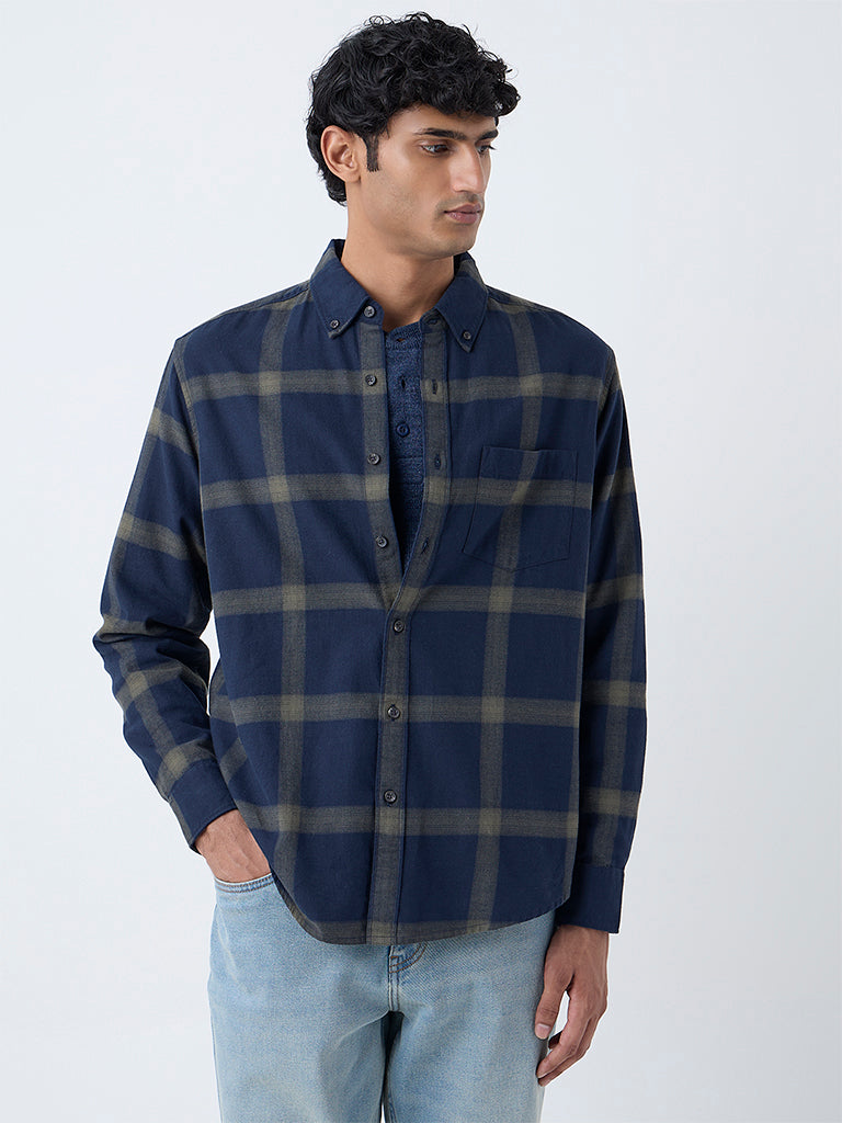 WES Casuals Navy Checkered Relaxed-Fit Cotton Shirt - Image 2
