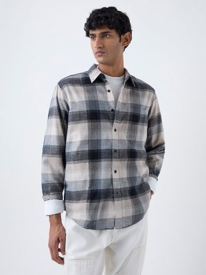 WES Casuals Grey Checks Printed Relaxed-Fit Cotton-Blend Shirt