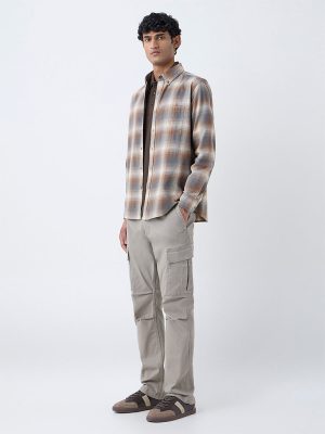 WES Casuals Tan Checkered Relaxed-Fit Cotton Shirt