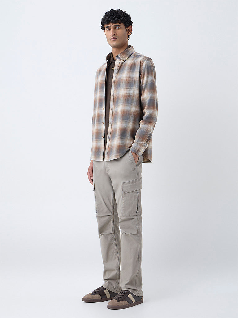 WES Casuals Tan Checkered Relaxed-Fit Cotton Shirt