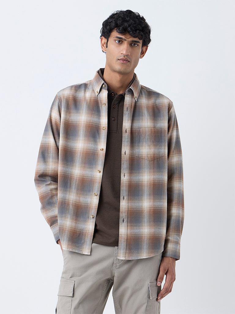 WES Casuals Tan Checkered Relaxed-Fit Cotton Shirt - Image 2