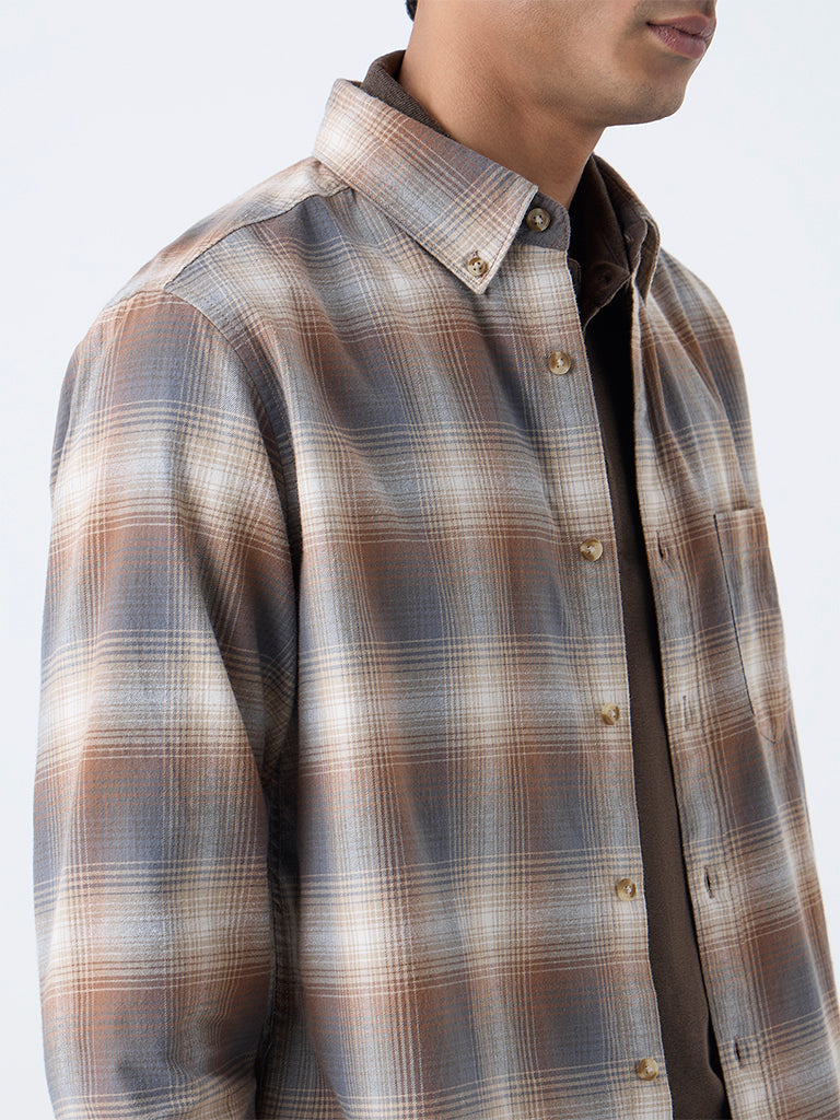 WES Casuals Tan Checkered Relaxed-Fit Cotton Shirt - Image 3