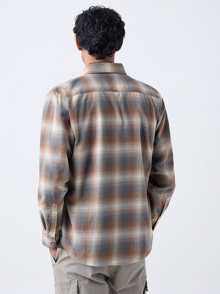 WES Casuals Tan Checkered Relaxed-Fit Cotton Shirt - Image 4