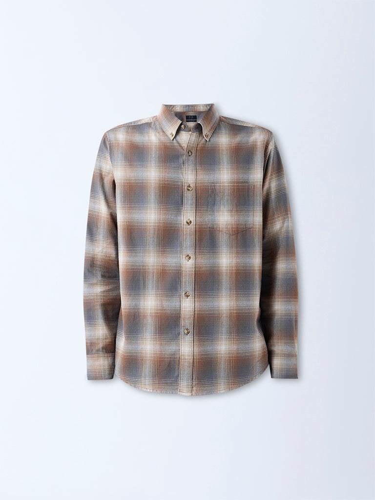 WES Casuals Tan Checkered Relaxed-Fit Cotton Shirt - Image 5
