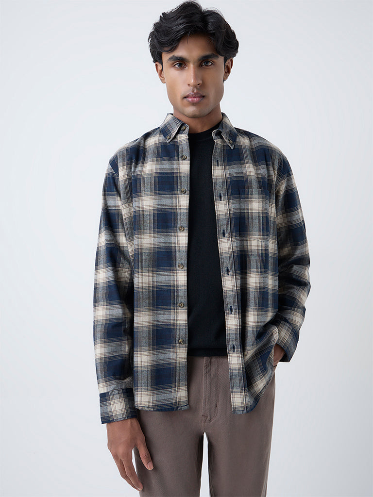 WES Casuals Navy Checkered Relaxed-Fit Cotton Shirt - Image 2