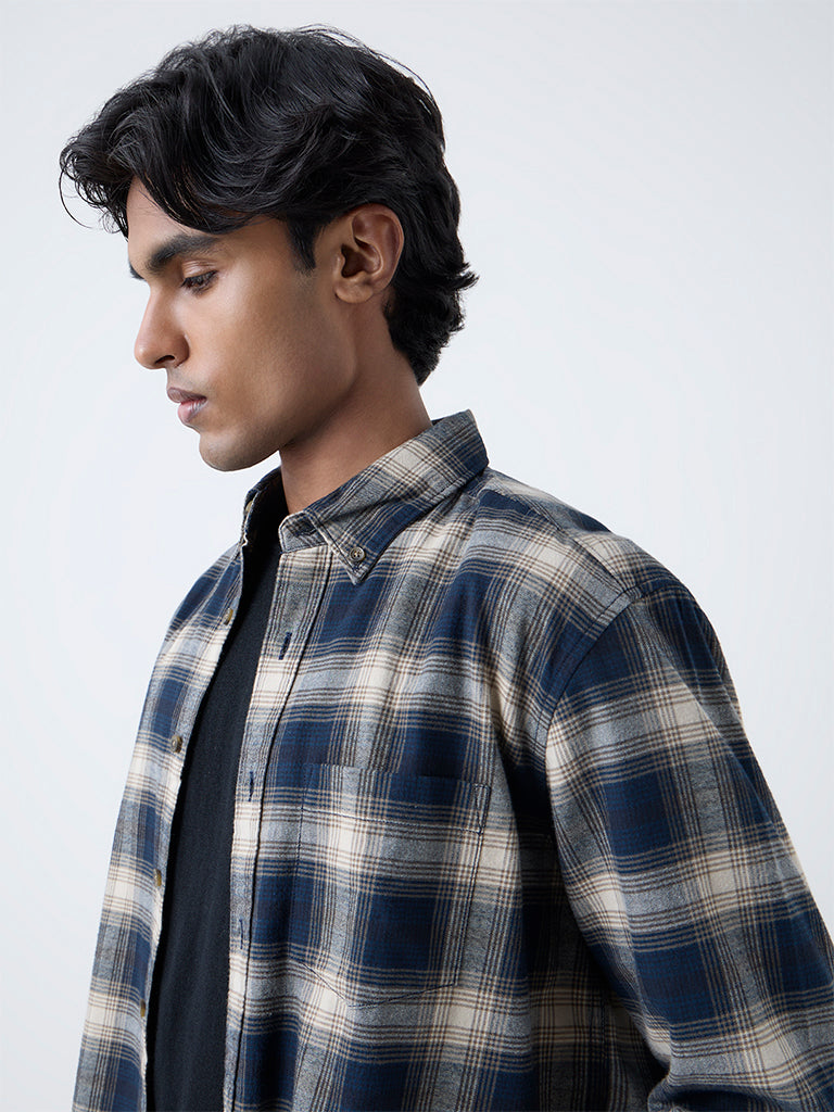 WES Casuals Navy Checkered Relaxed-Fit Cotton Shirt - Image 3