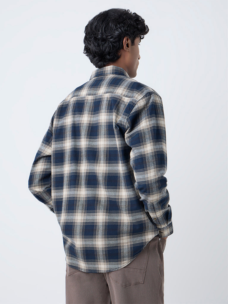 WES Casuals Navy Checkered Relaxed-Fit Cotton Shirt - Image 4
