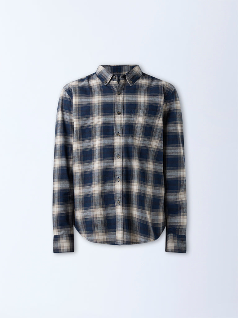 WES Casuals Navy Checkered Relaxed-Fit Cotton Shirt - Image 5