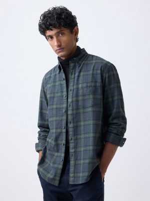 WES Casuals Olive Check Pattern Relaxed-Fit Cotton-Blend Shirt