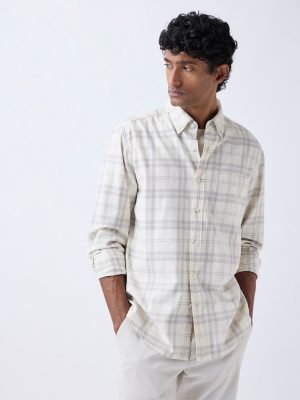 WES Casuals Off-White Checkered Relaxed-Fit Cotton-Blend Shirt
