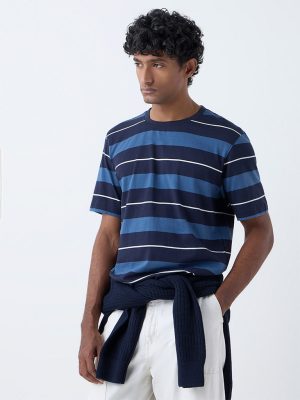 WES Casuals Navy Striped Relaxed Fit Cotton T-Shirt