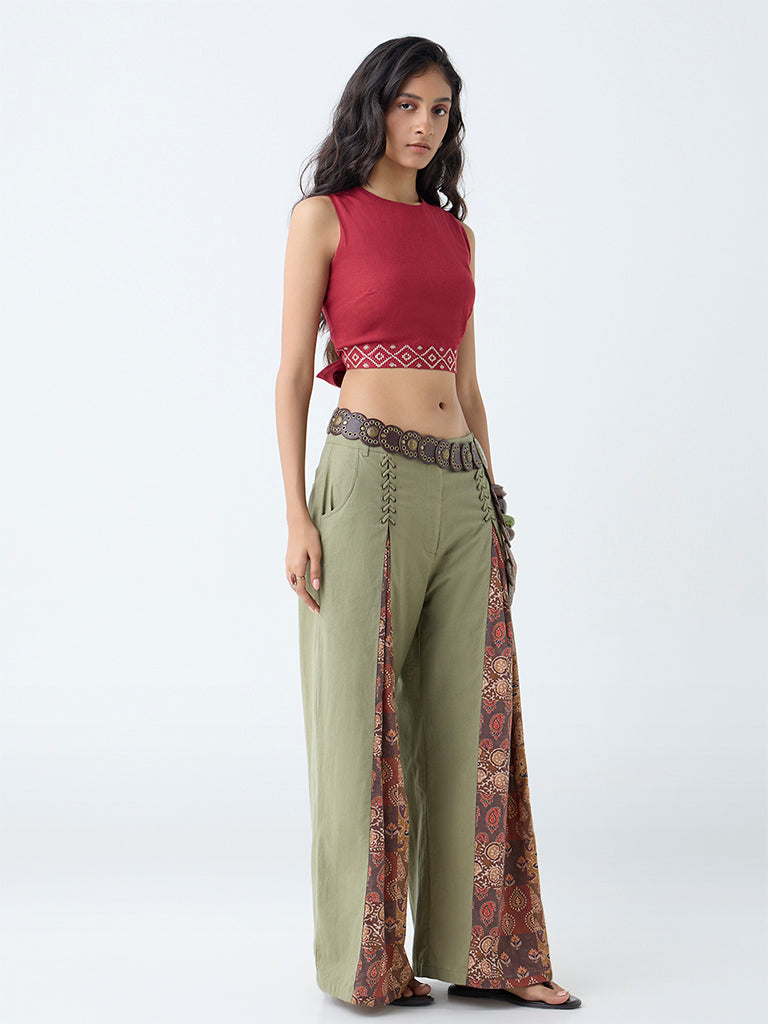 Bombay Paisley Maroon Embroidered Cotton-Blend Crop Top - Image 2