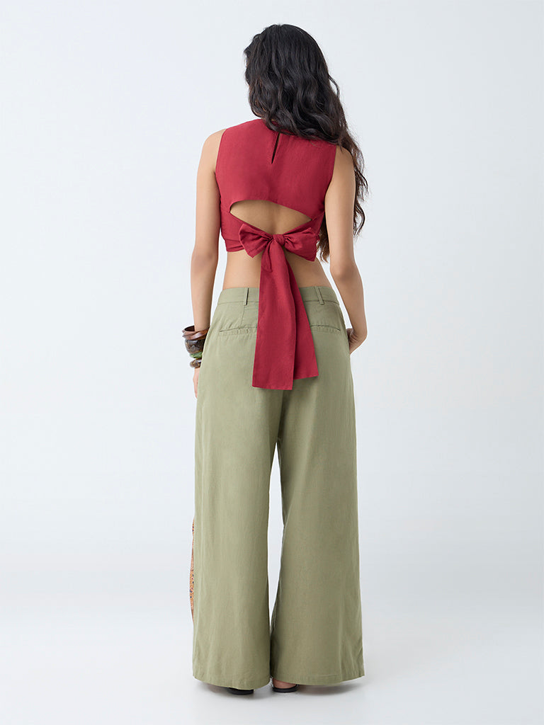 Bombay Paisley Maroon Embroidered Cotton-Blend Crop Top - Image 4