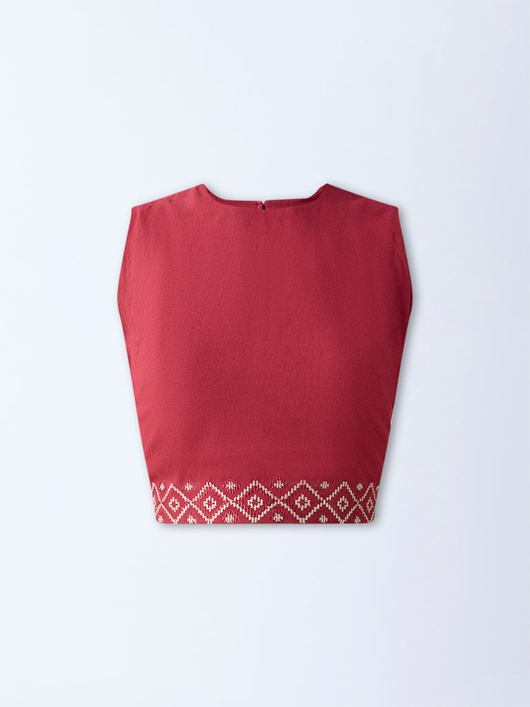 Bombay Paisley Maroon Embroidered Cotton-Blend Crop Top - Image 5