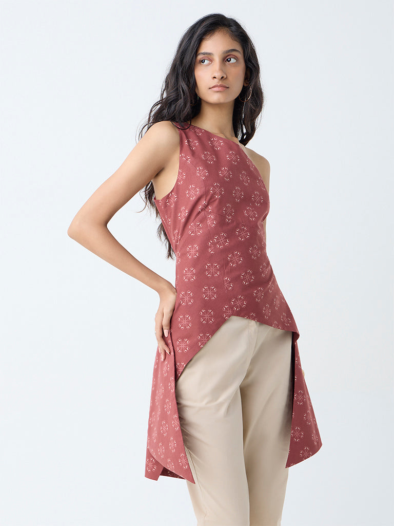 Bombay Paisley Red Floral Design One-Shoulder Cotton Top - Image 2
