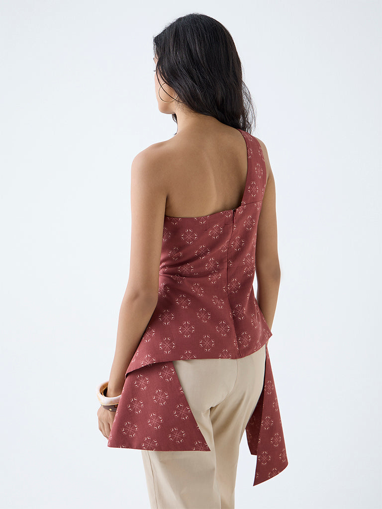 Bombay Paisley Red Floral Design One-Shoulder Cotton Top - Image 4