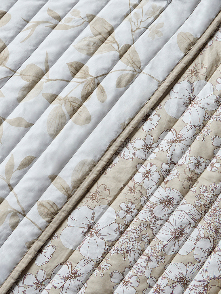 Westside Home Taupe Leaf Design Reversible Quilted Queen Bed Comforter - Image 3