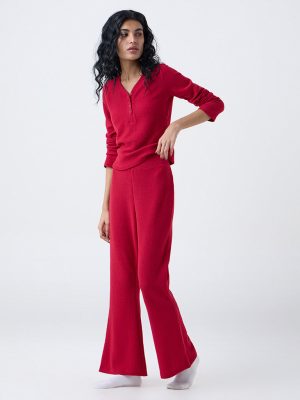 Superstar Red Waffle-Textured Flared Pants