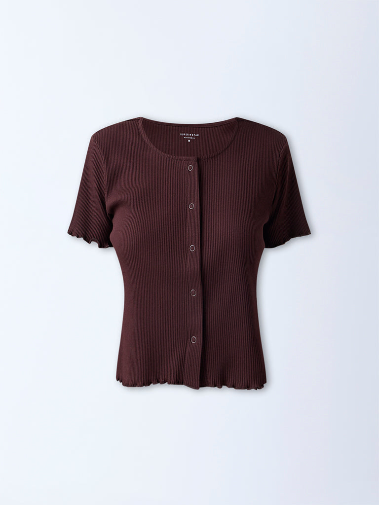Superstar Dark Brown Ribbed Cotton-Blend Top - Image 5
