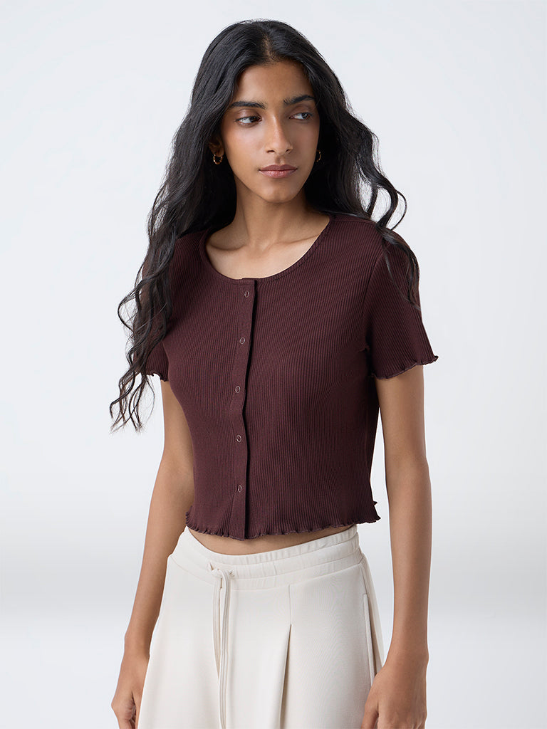 Superstar Dark Brown Ribbed Cotton-Blend Top - Image 2