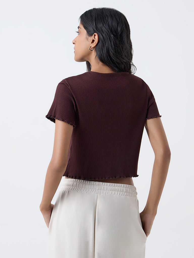 Superstar Dark Brown Ribbed Cotton-Blend Top - Image 4