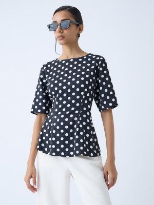 Wardrobe Black Polka Dotted Peplum Top