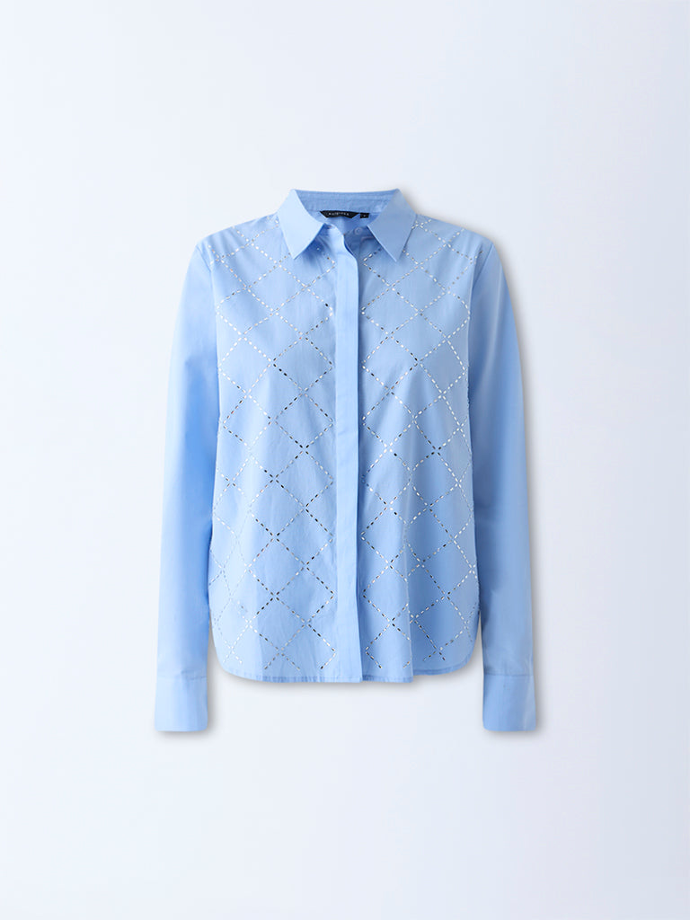 Wardrobe Blue Diamante-Detailed Cotton Shirt - Image 5