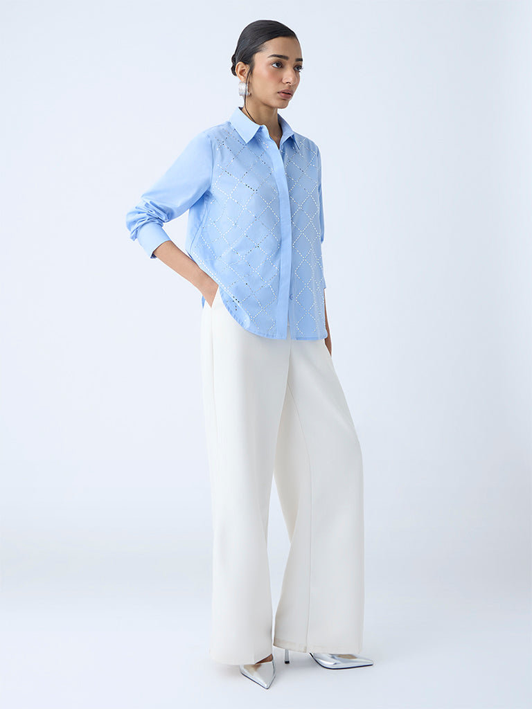 Wardrobe Blue Diamante-Detailed Cotton Shirt