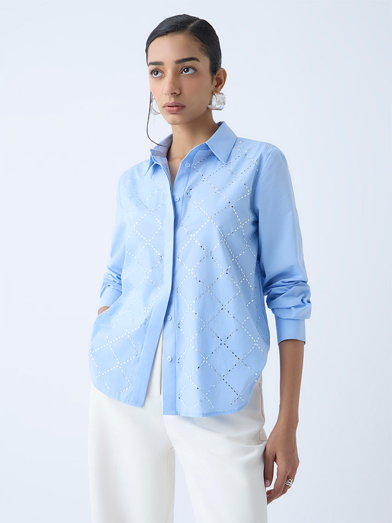 Wardrobe Blue Diamante-Detailed Cotton Shirt - Image 2