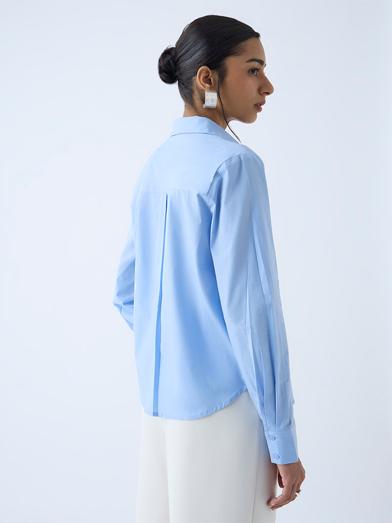 Wardrobe Blue Diamante-Detailed Cotton Shirt - Image 4