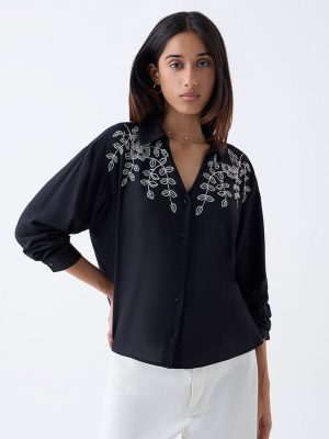 LOV Black High-Low Embroidered Blouse